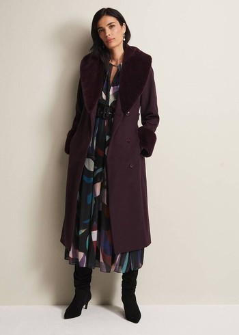 Phase Eight Zylah Faux Fur Collar Wool Smart Coats Burgundy Canada | UFHIYG-851